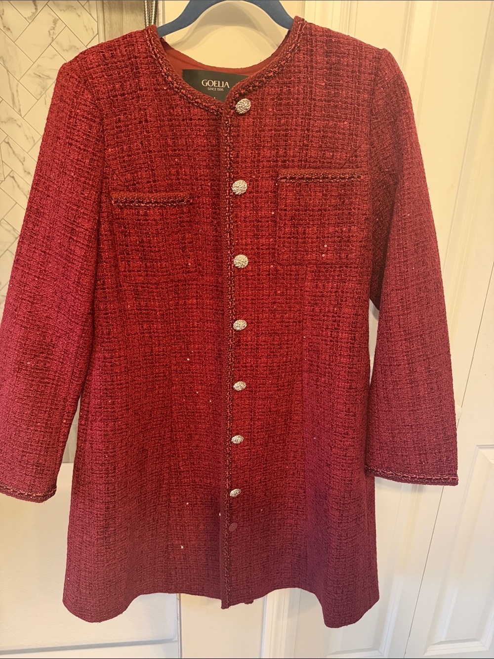 NWT GOELIA Red Tweed Sequin Midi Jacket